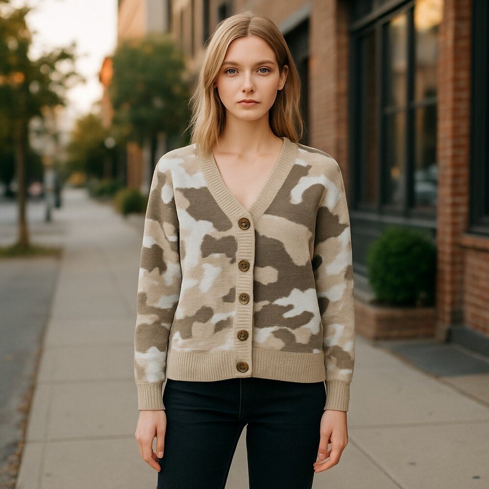 NWT Lucky Brand | Camo Camouflage Cardigan Sweater Wool Blend Small Oversized